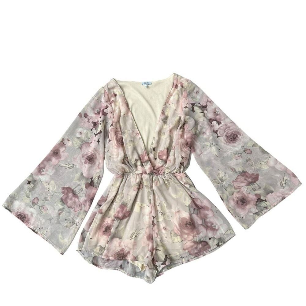 Tobi MAKE YOU MINE PLUNGING floral ROMPER kimono sleeves size S